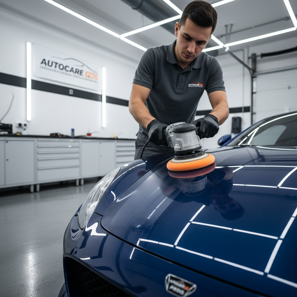 Detailer polishing car panel with dual-action polisher using cross-hatch passes