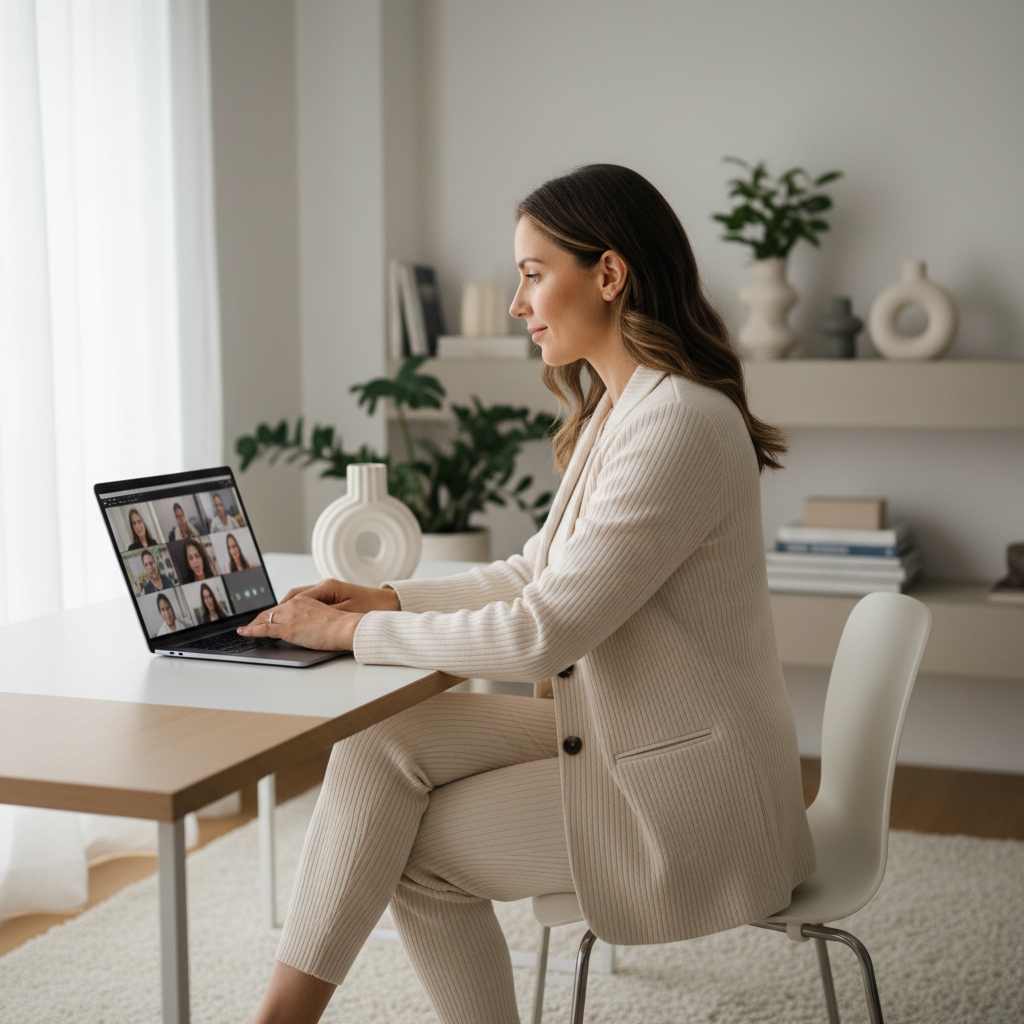 Woman in a polished work-from-home outfit on a video call in a bright home office