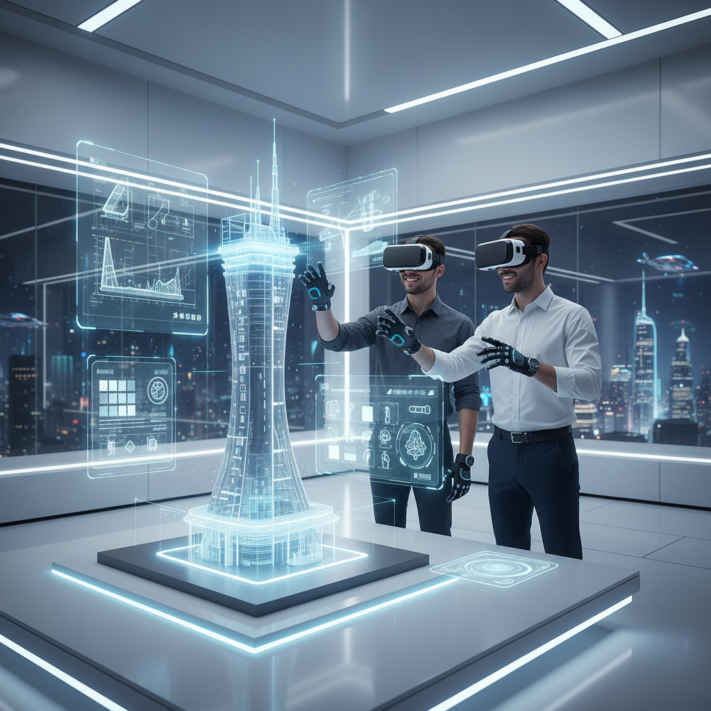 Two players collaborating in VR on a shared building project with floating blueprints