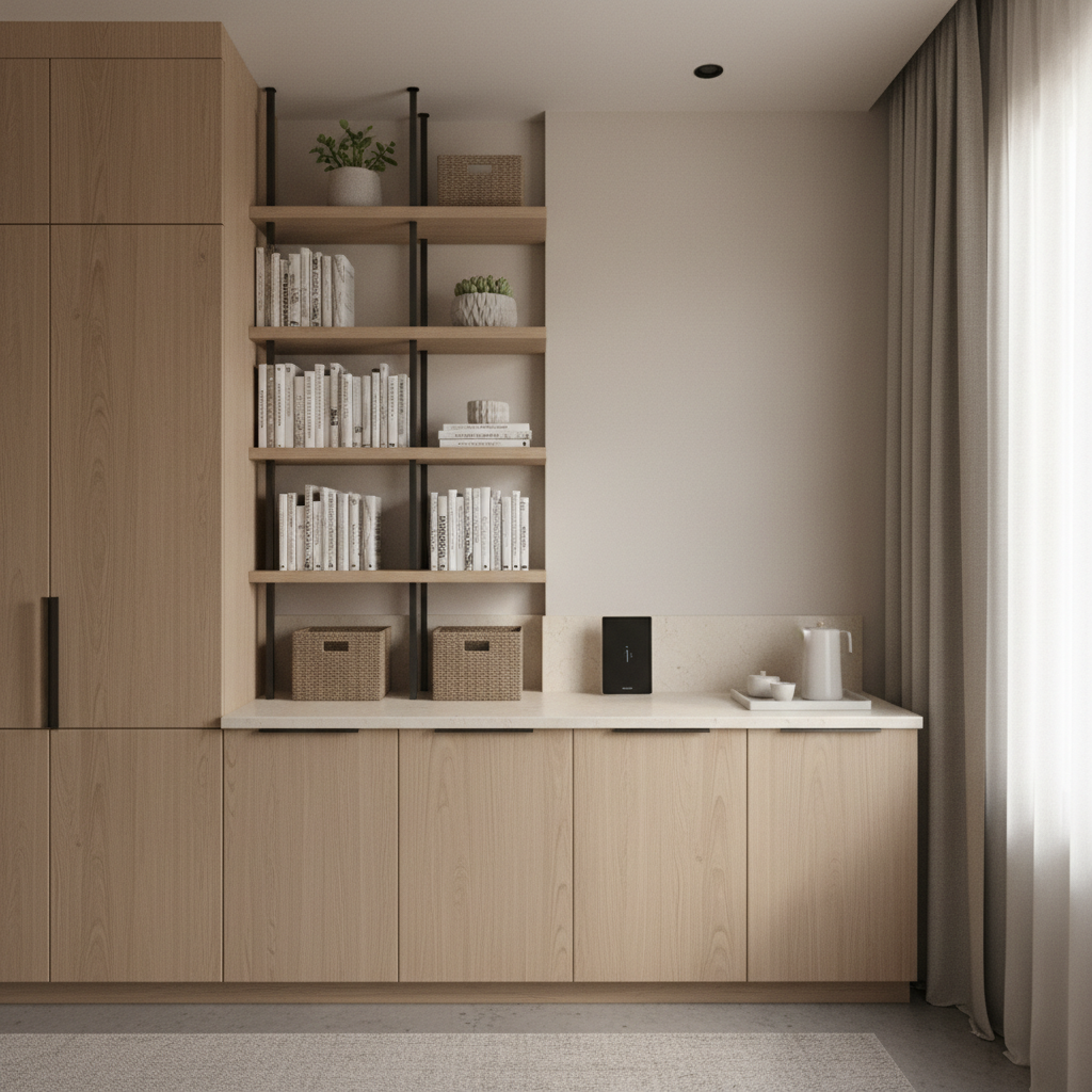 Small room storage with closed cabinets and vertical shelving for a cleaner look