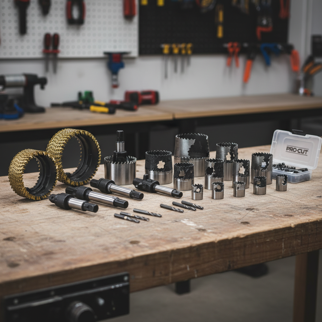 Hole saw kit with bi-metal and carbide-tipped hole saws and arbor on a workbench