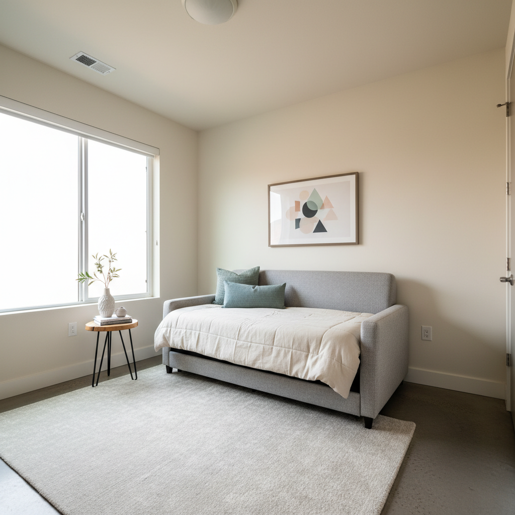 Tiny guest room with pull out couch and clear walkway