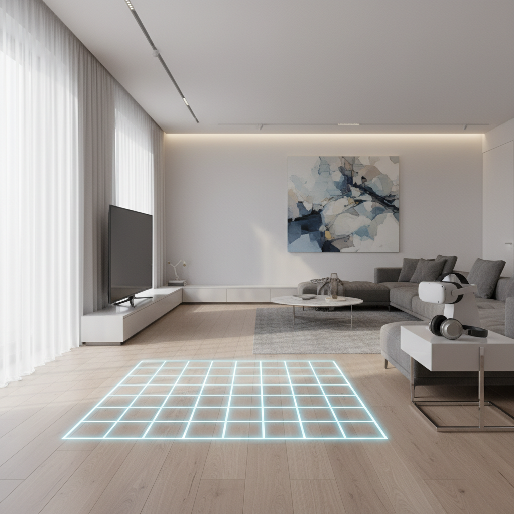 Clean VR play space setup with boundary markers, headset on a stand, and headphones nearby