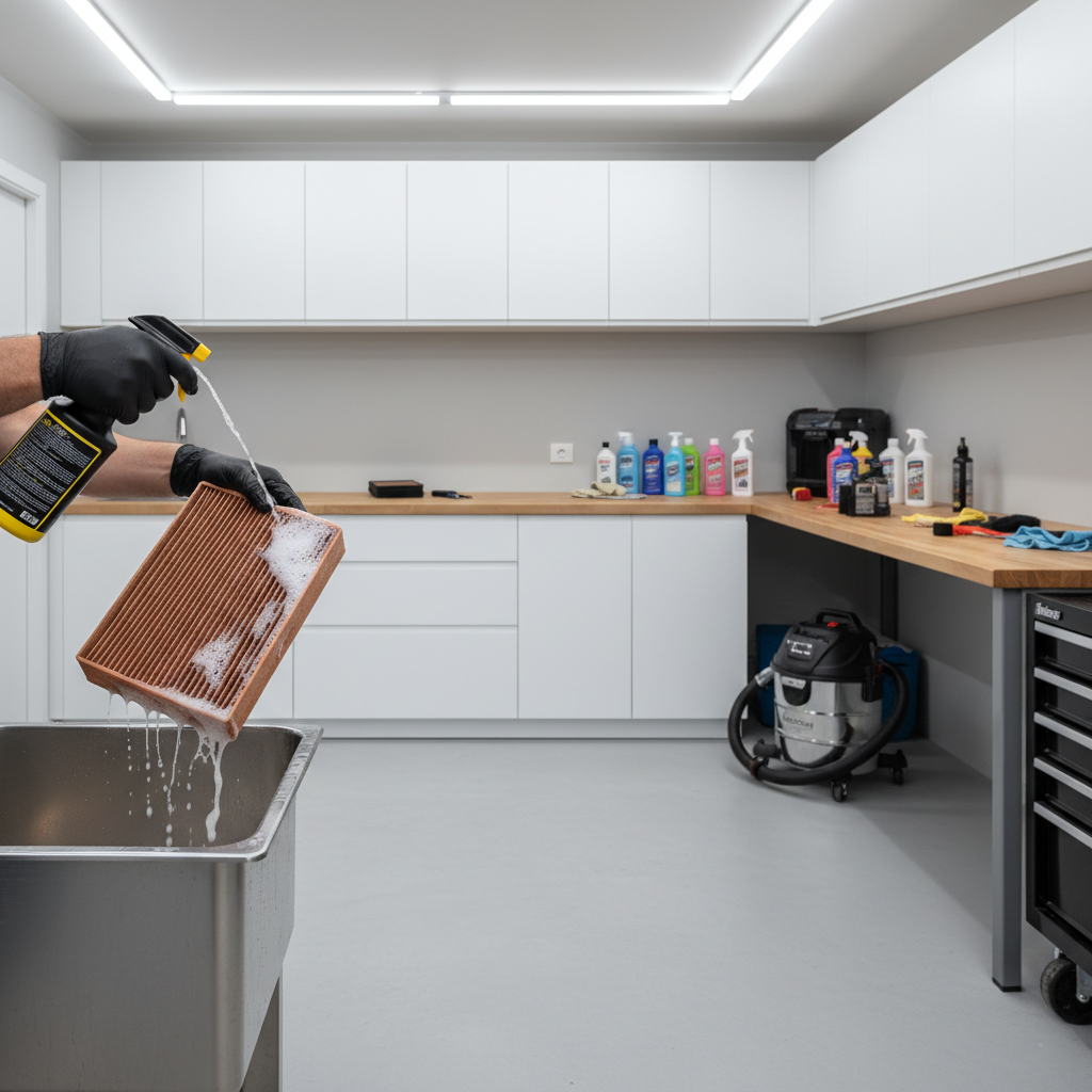 Cleaning a reusable car air filter with spray cleaner and rinse in garage