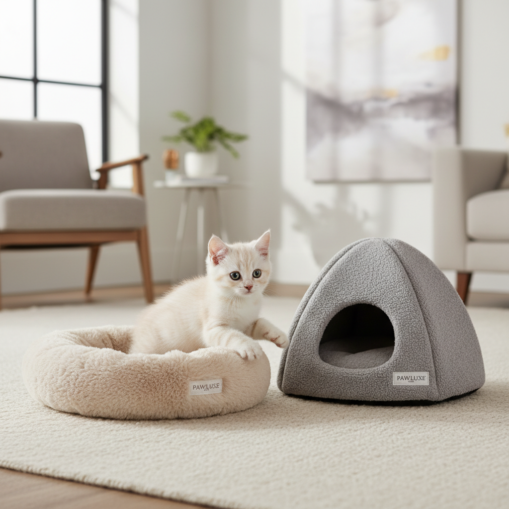 Kitten choosing between donut bed and cave bed in a cozy living room