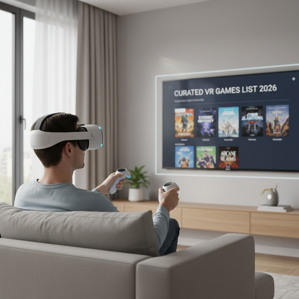VR gamer browsing a curated list of 2026 VR games on a living room TV