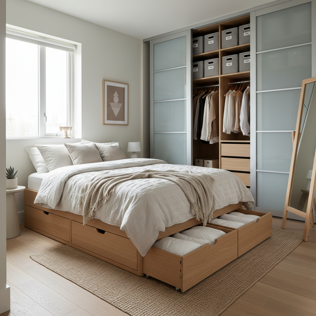 Under-bed storage bins and closet organizers in a small apartment bedroom