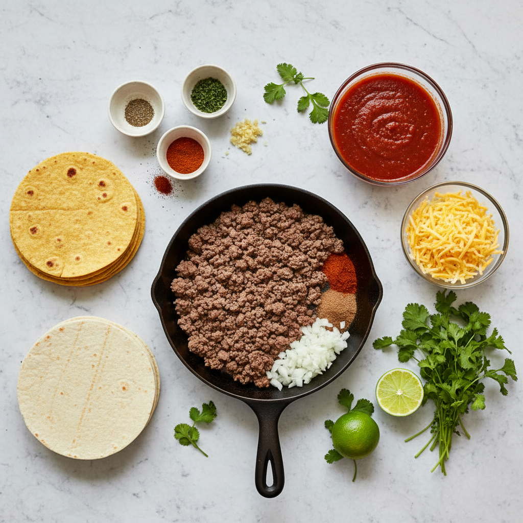 Ingredient lineup for easy beef enchiladas including tortillas, enchilada sauce, ground beef, cheese, and spices