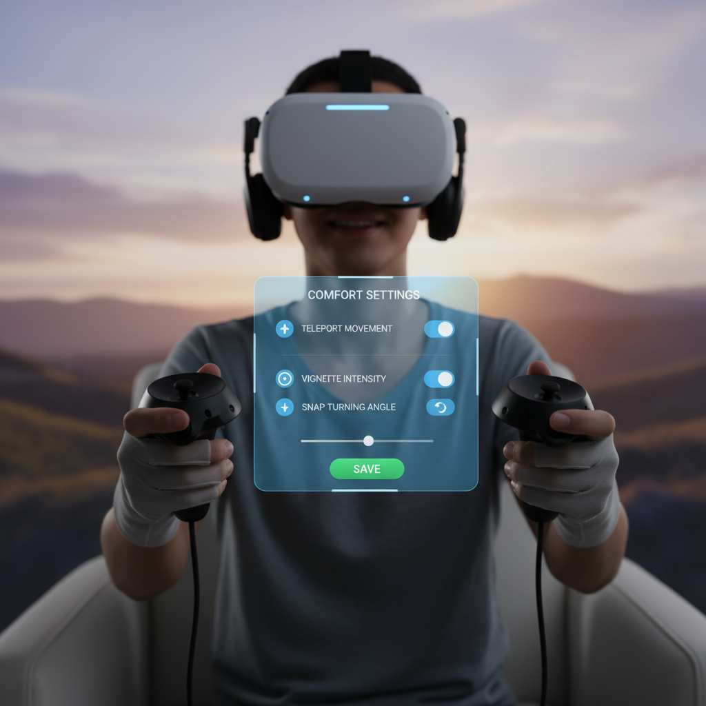 Player adjusting VR comfort settings for puzzle games on a headset menu