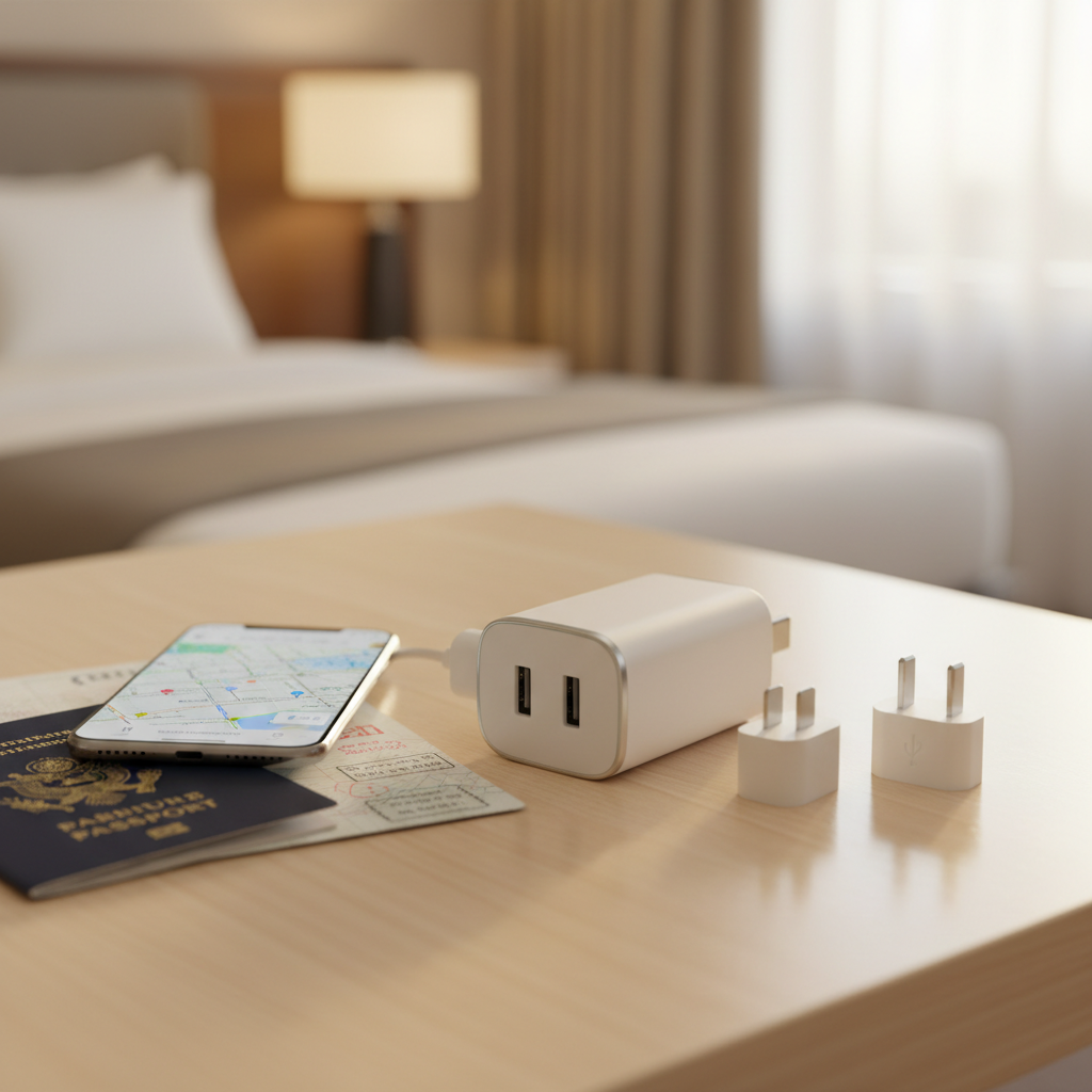 International travel adapter with USB-C and multiple plug types on a hotel desk