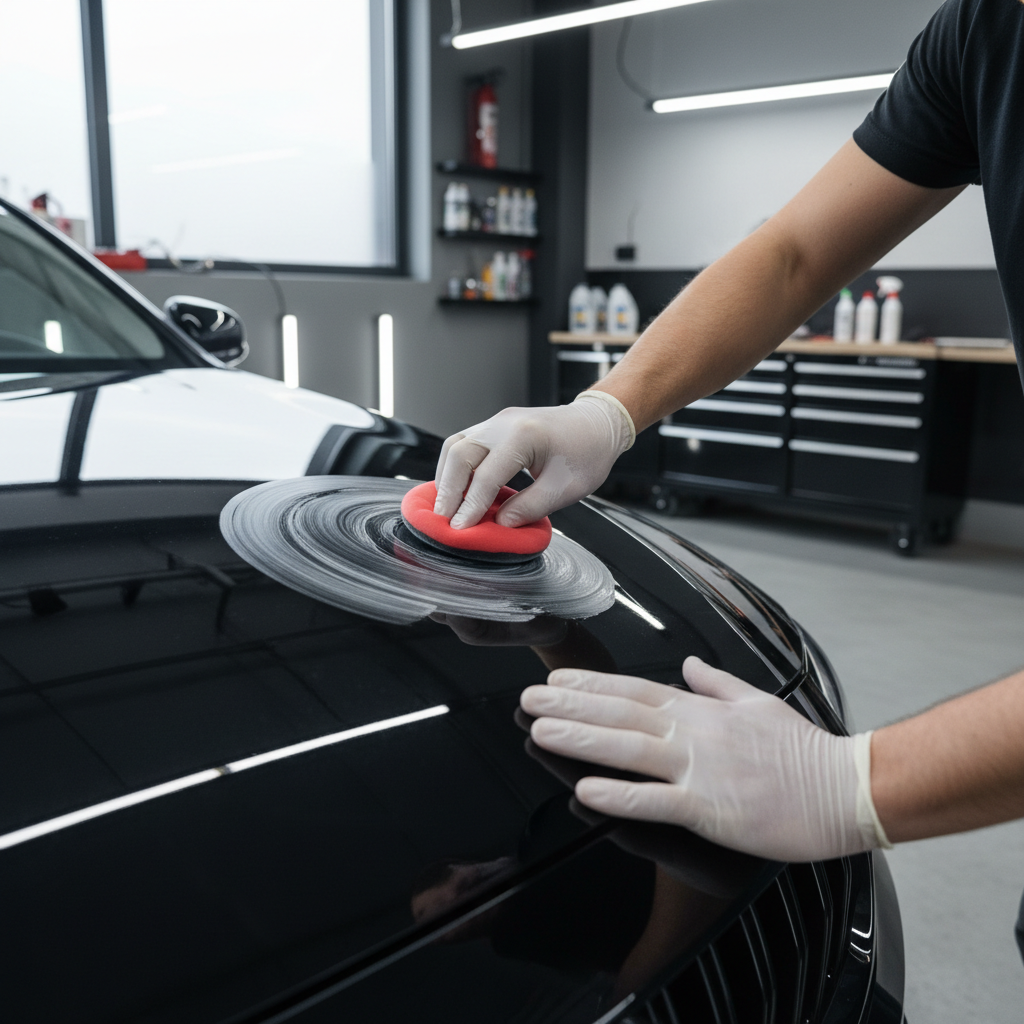 Hand polishing car paint on a hood with foam applicator pad
