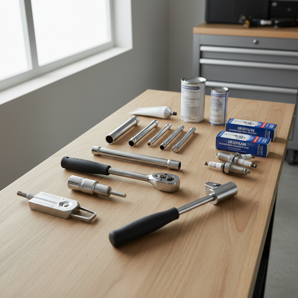 Spark plug replacement tools laid out on a workbench
