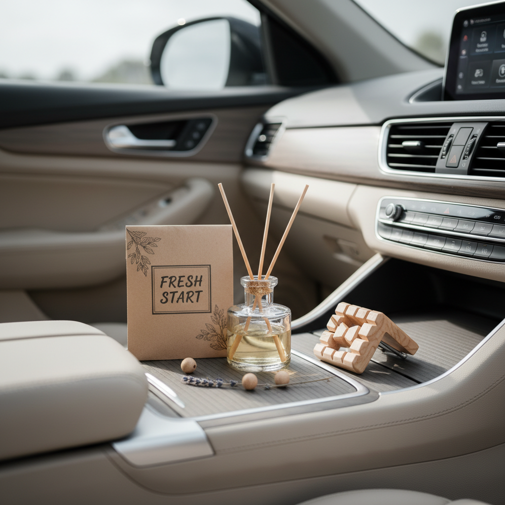 Organic car air freshener options on a car center console