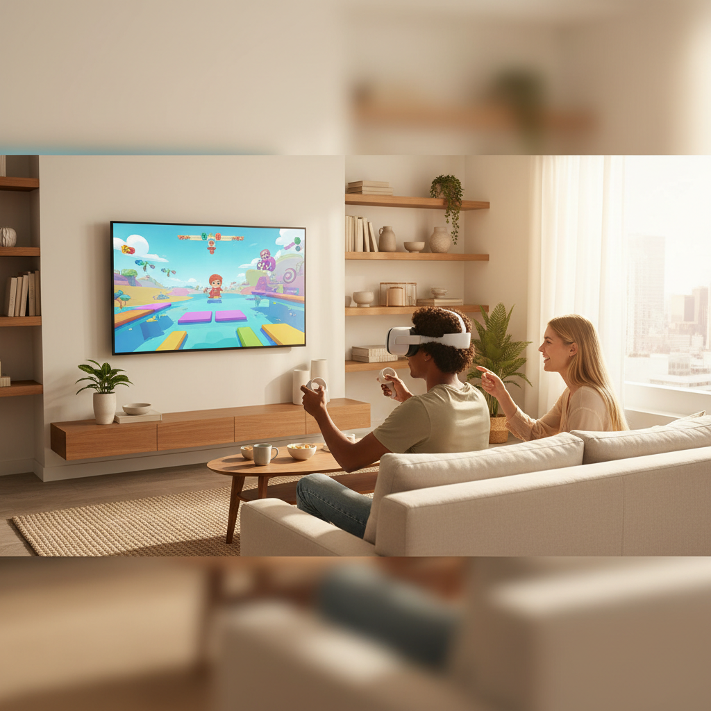 Friends playing social roomscale VR game together in living room