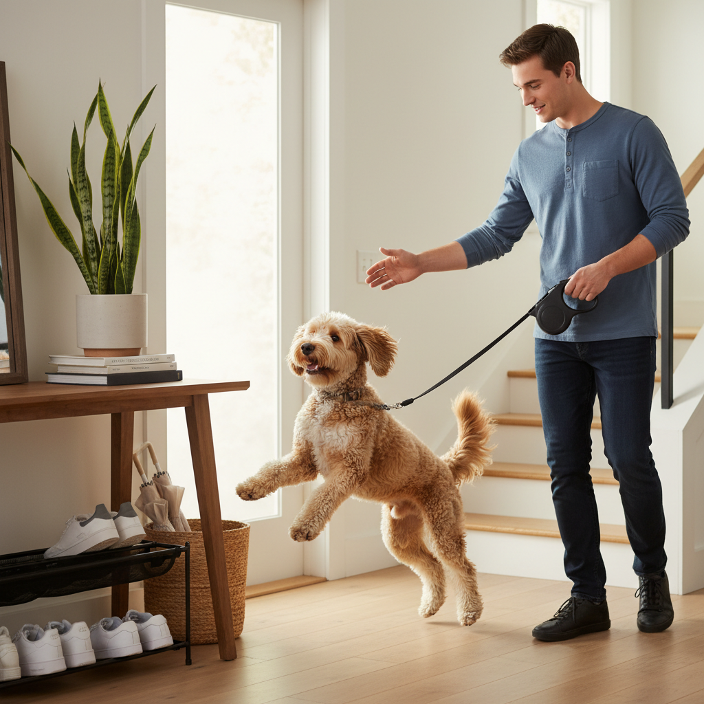 Dog jumping during greeting at front door training setup