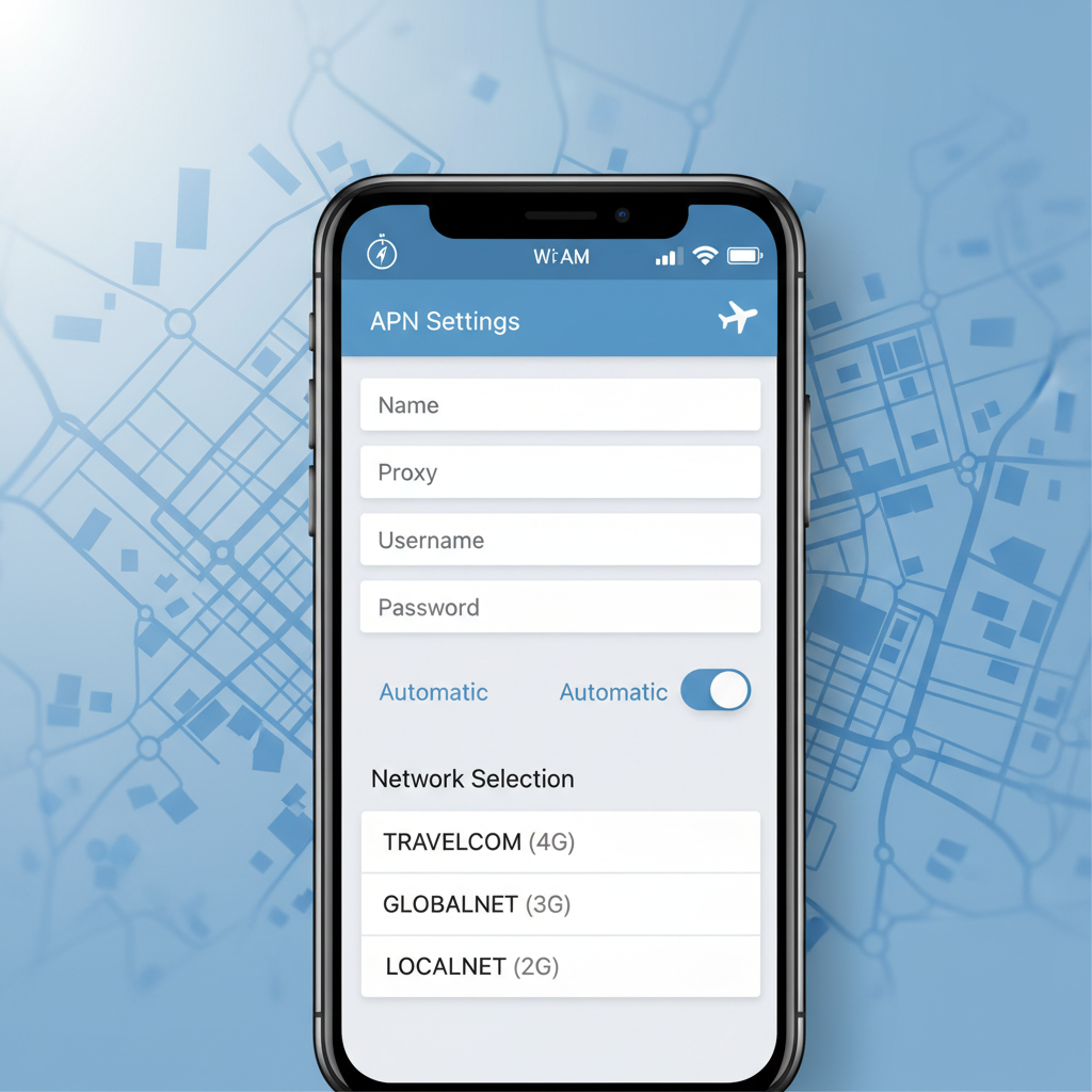 Phone network troubleshooting screen showing APN and carrier settings abroad
