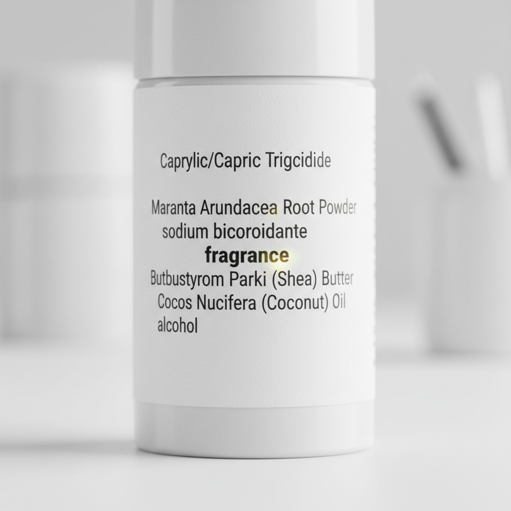 Close-up of deodorant ingredient list highlighting fragrance, baking soda, and alcohol