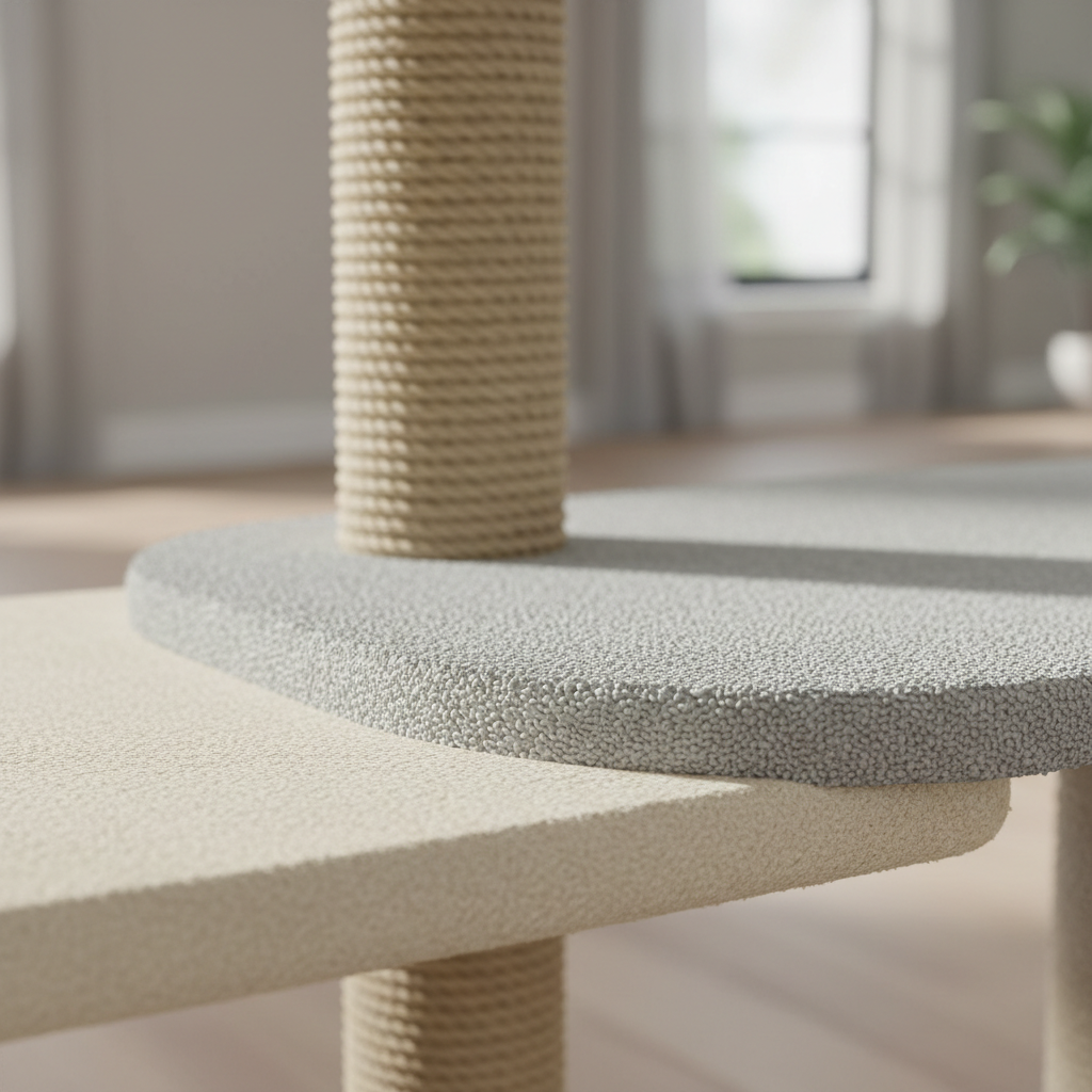 Cat tree materials like plush fabric, sisal rope, and carpet close-up
