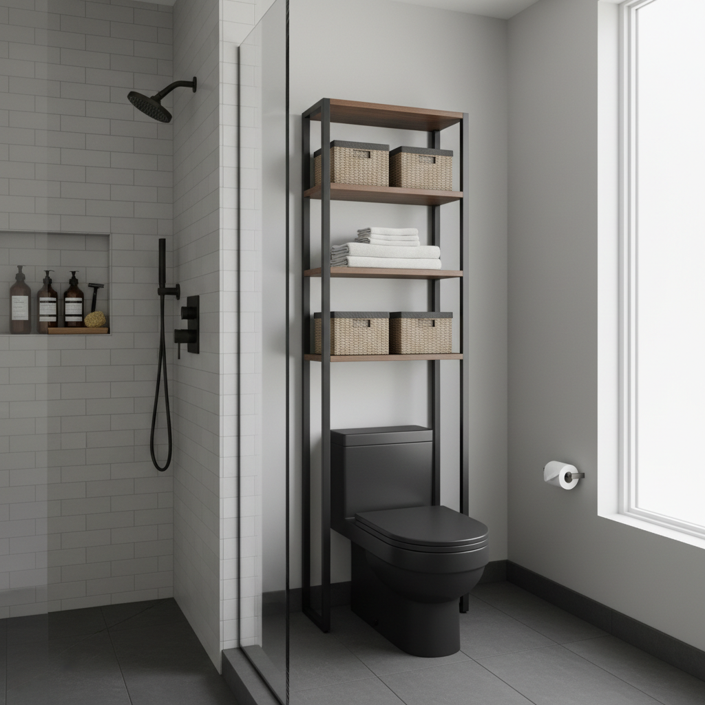 Vertical storage ideas for a tiny bathroom with over-toilet shelving and recessed shower niche