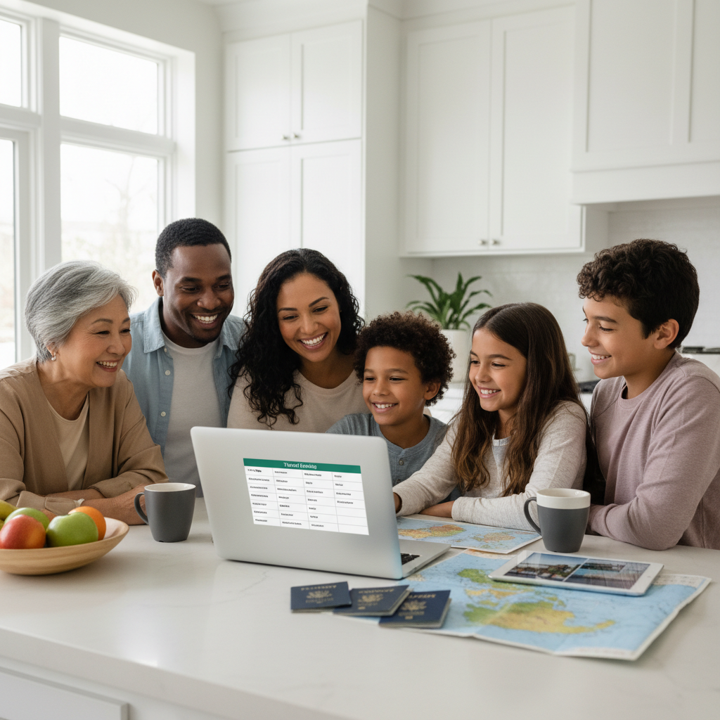 Family comparing travel options on a laptop with a simple trip planning checklist