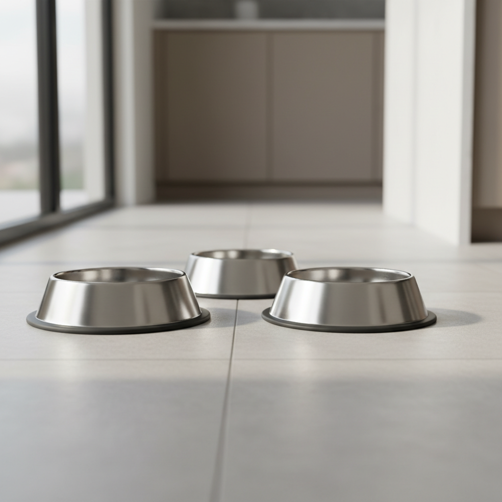 Stainless steel dog bowls with non-slip base on kitchen floor