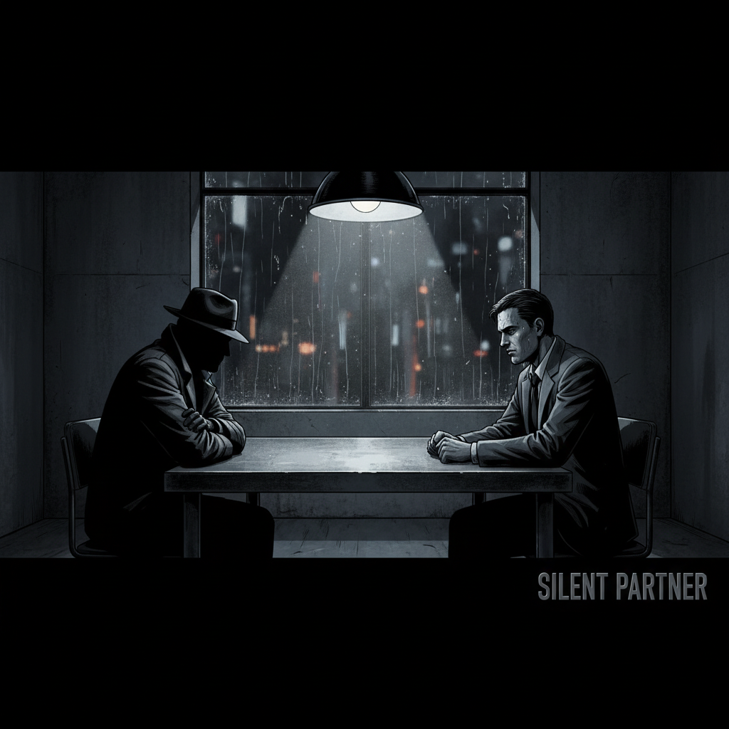 Noir-style VR interrogation room scene with detective and suspect