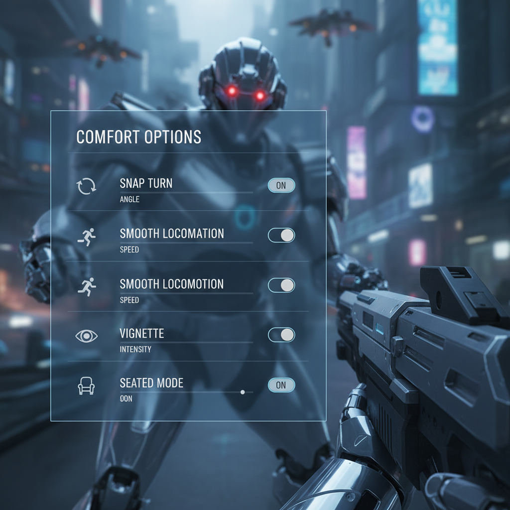 VR game comfort settings menu for a robot shooter with snap turn and vignette options