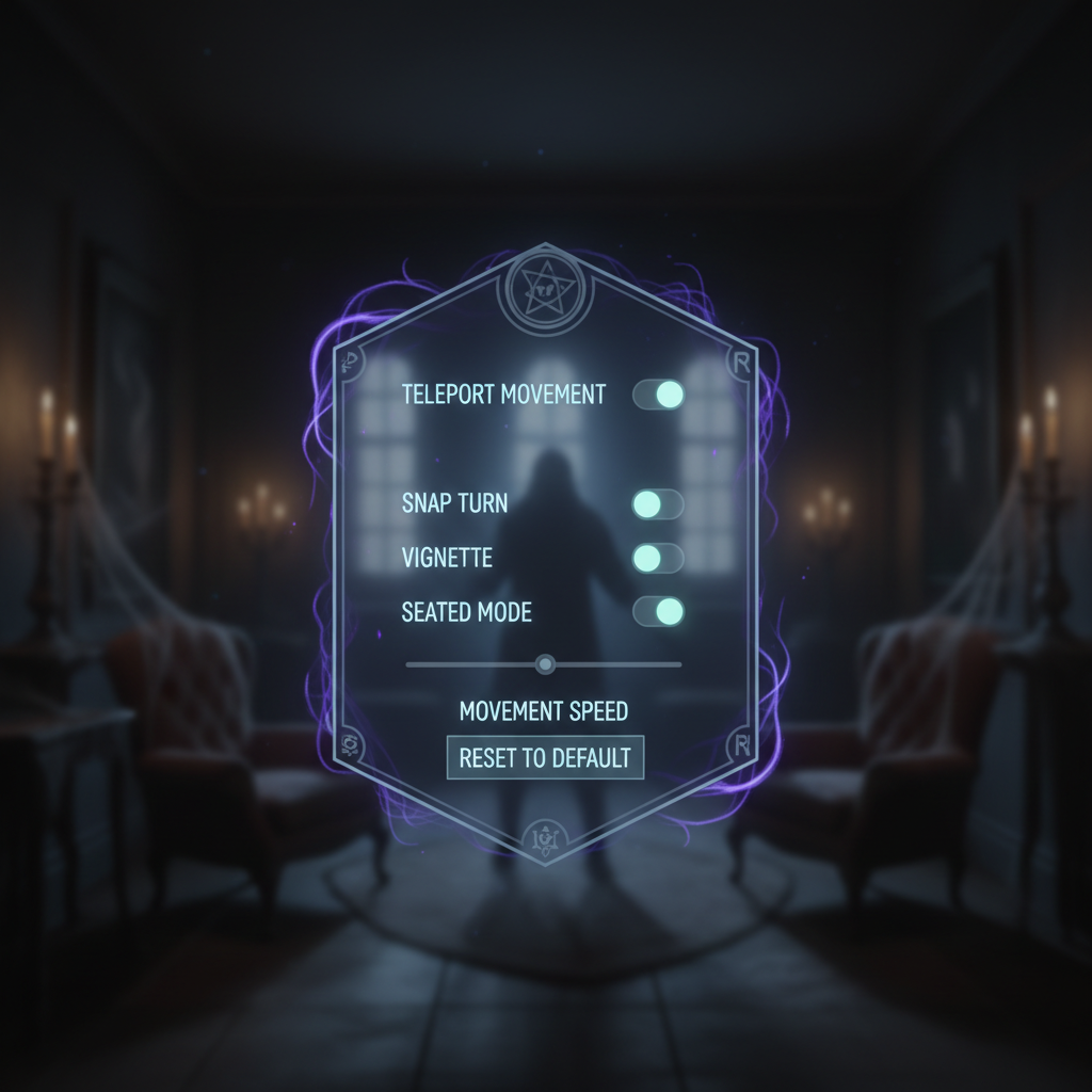 Comfort settings menu in a VR horror game showing teleport snap turn and vignette
