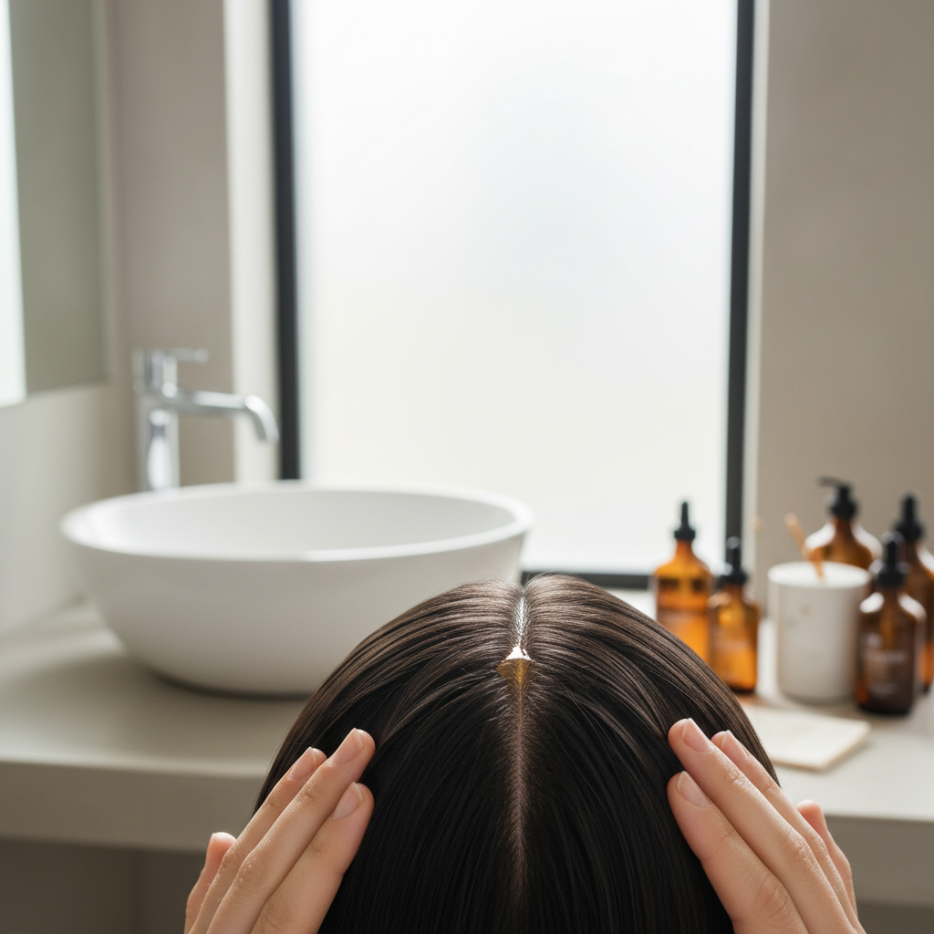 Applying hair oil to scalp with dropper for hair growth routine