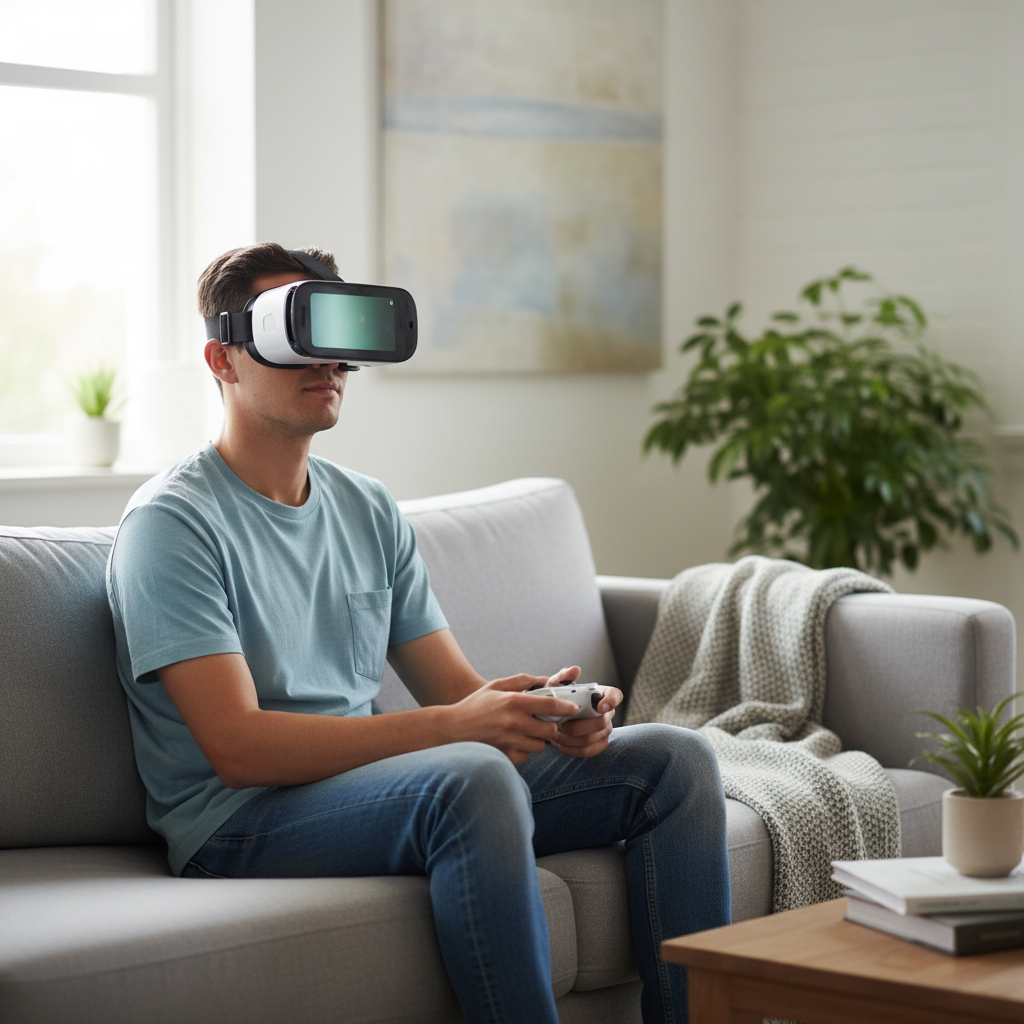 Person using a phone VR headset at home with a smartphone inserted