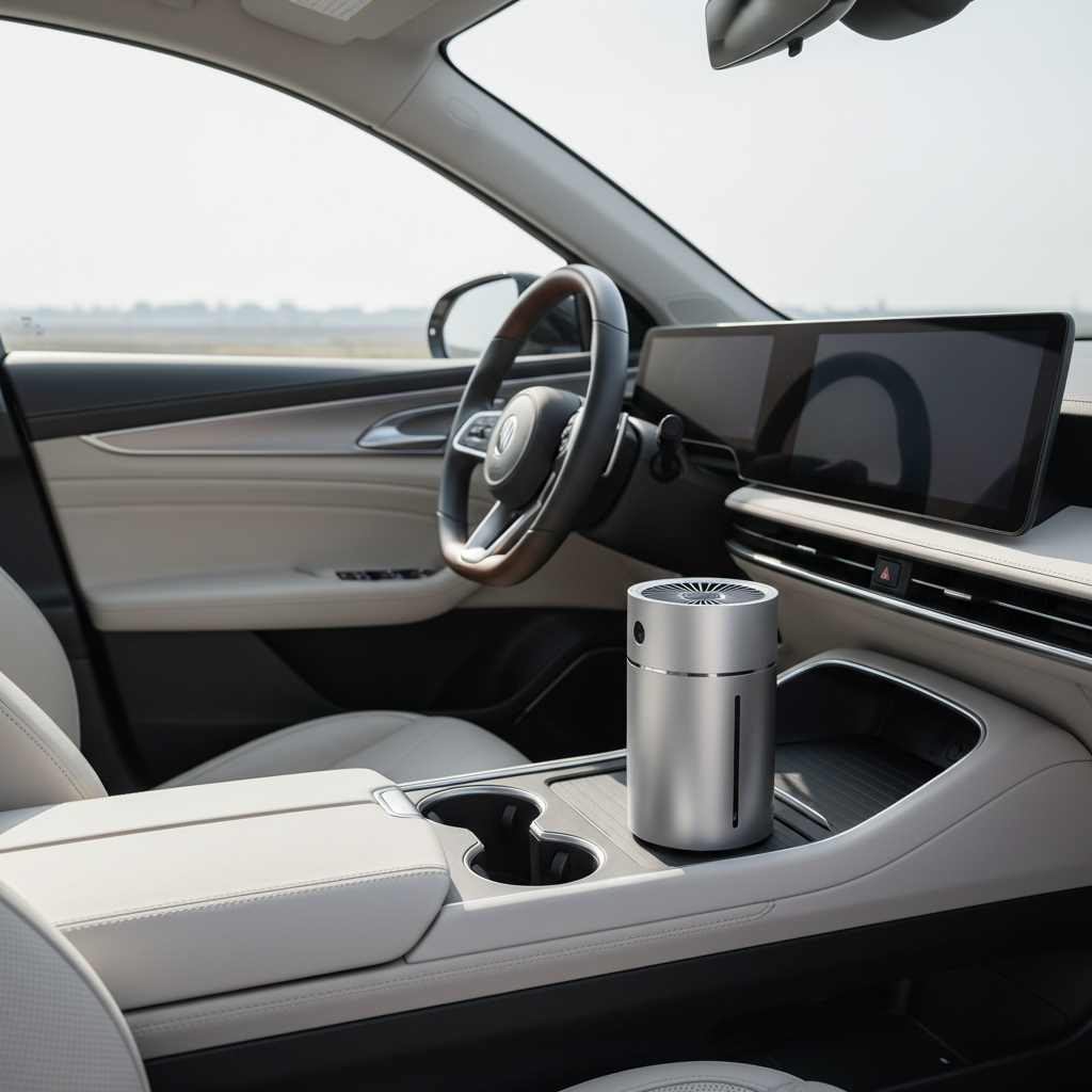 Car interior air quality with portable air purifier on center console