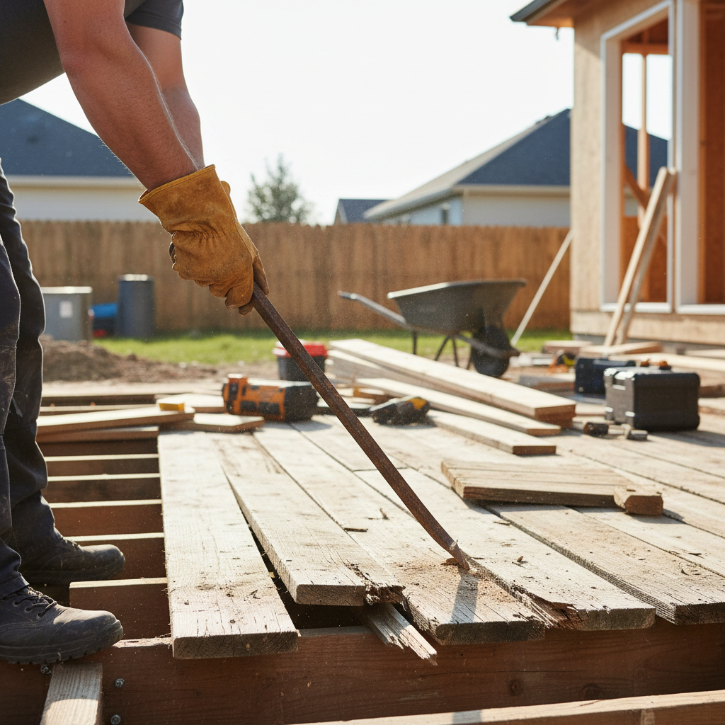 Contractor using a long pry bar to remove deck boards safely