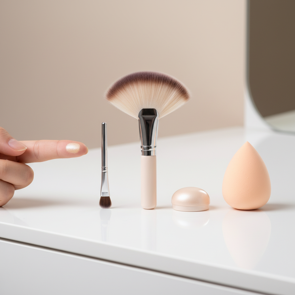 Comparison of highlighting tools: fan brush, tapered brush, sponge, and fingers