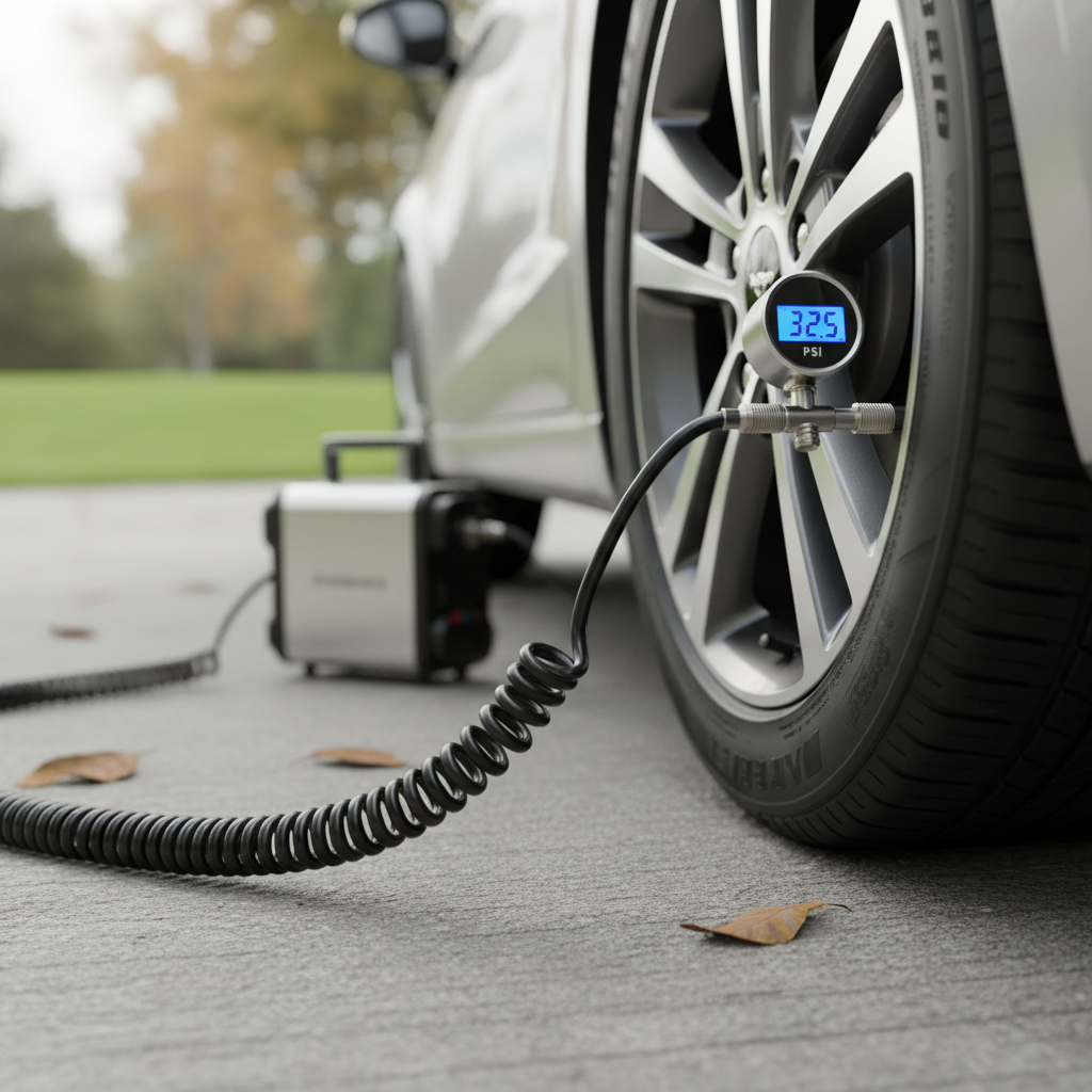 Portable air compressor inflating a car tire at the valve stem