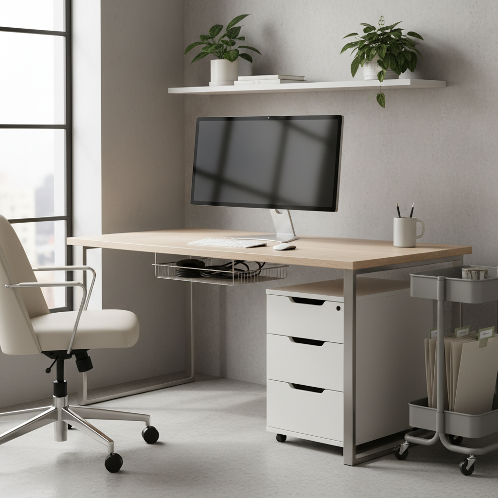 Home office desk with organized under desk storage drawers and cable management