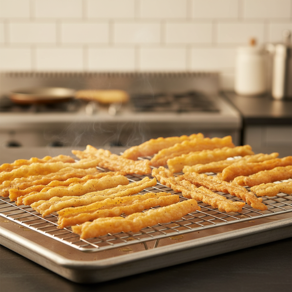 Cooling freshly fried fafda on a wire rack for extra crispiness