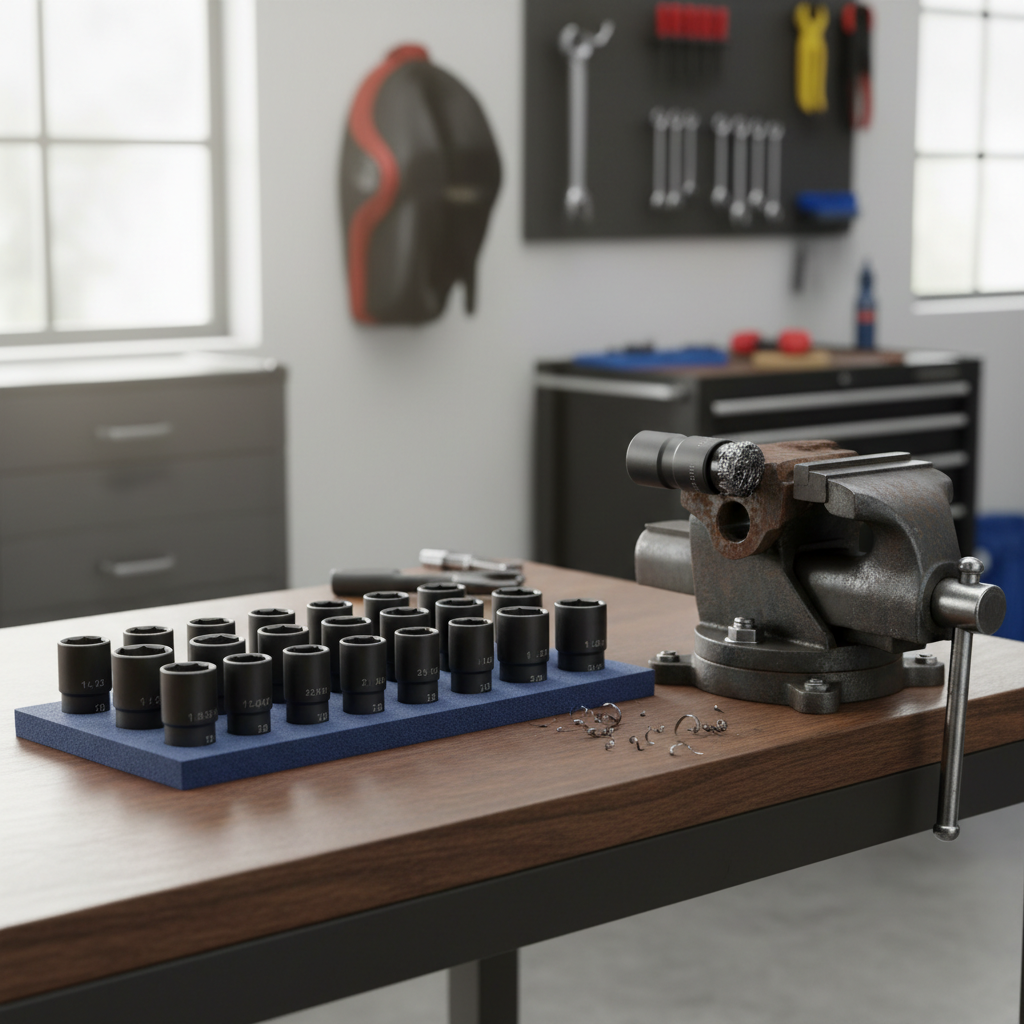 Bolt extractor sockets removing a rounded bolt head on a workbench
