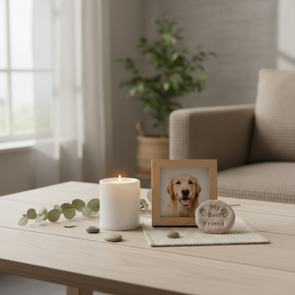 Tasteful pet memorial gift arrangement with candle, framed photo, and paw print keepsake
