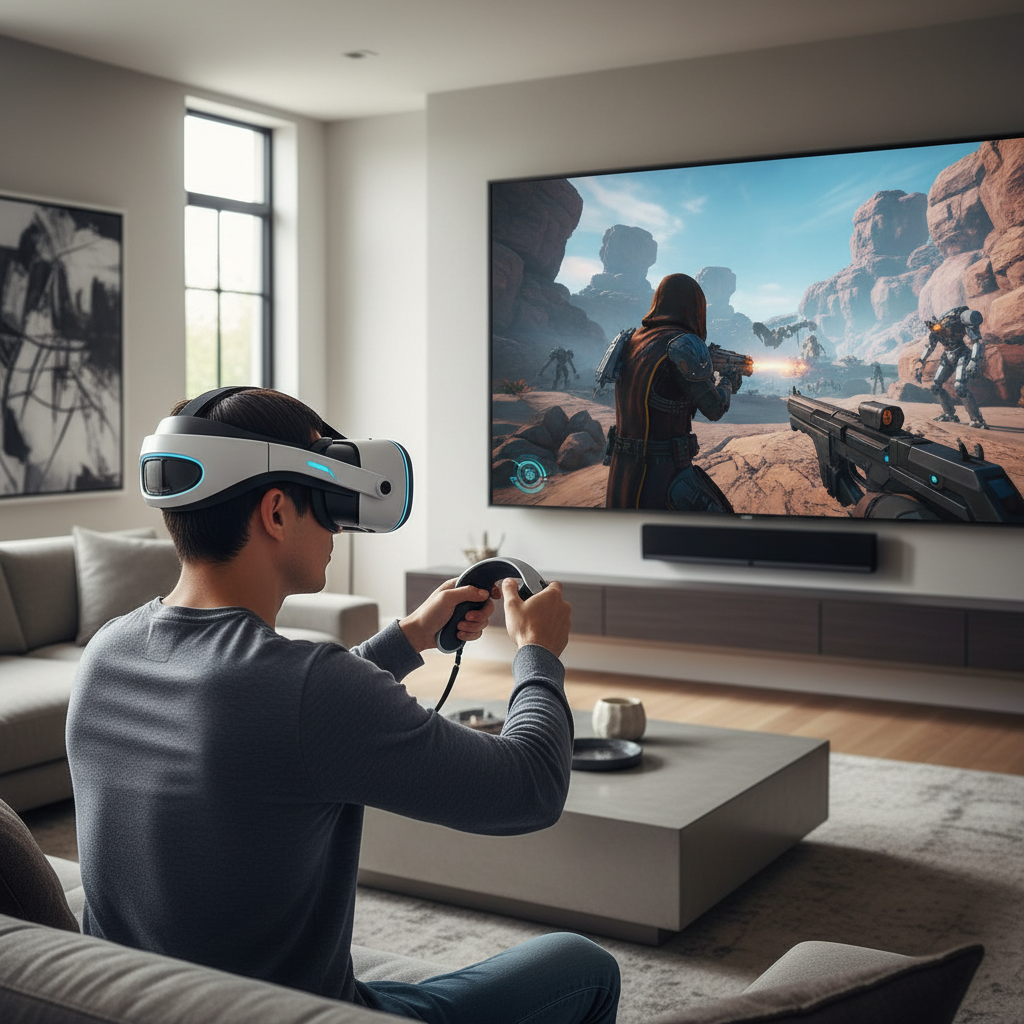 VR third-person shooter gameplay view with over-the-shoulder camera and cover system