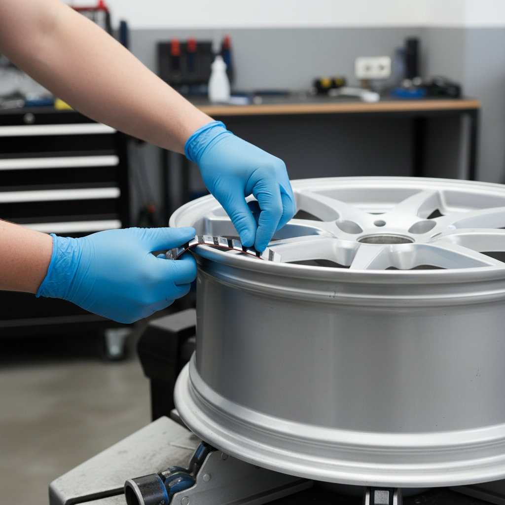 Stick-on wheel weights applied to an alloy rim for tire balancing