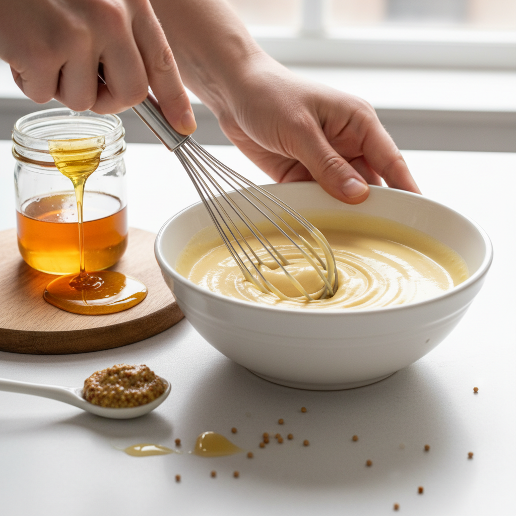 Whisking honey mustard sauce in a small bowl until smooth and creamy