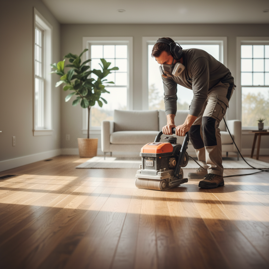 Belt sander being used carefully on hardwood floor for refinishing