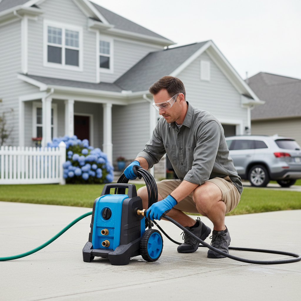 Beginner setting up a pressure washer with hose connections and safety gear