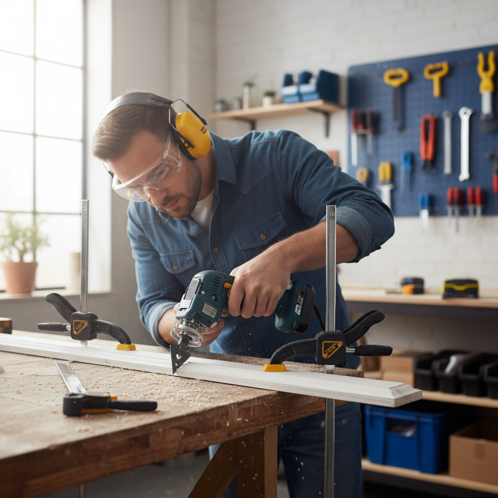 Safe oscillating tool cutting with eye protection and clamped workpiece