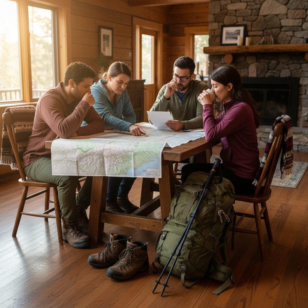 Travelers reviewing a map and gear checklist at a cabin table, planning an adventure trip