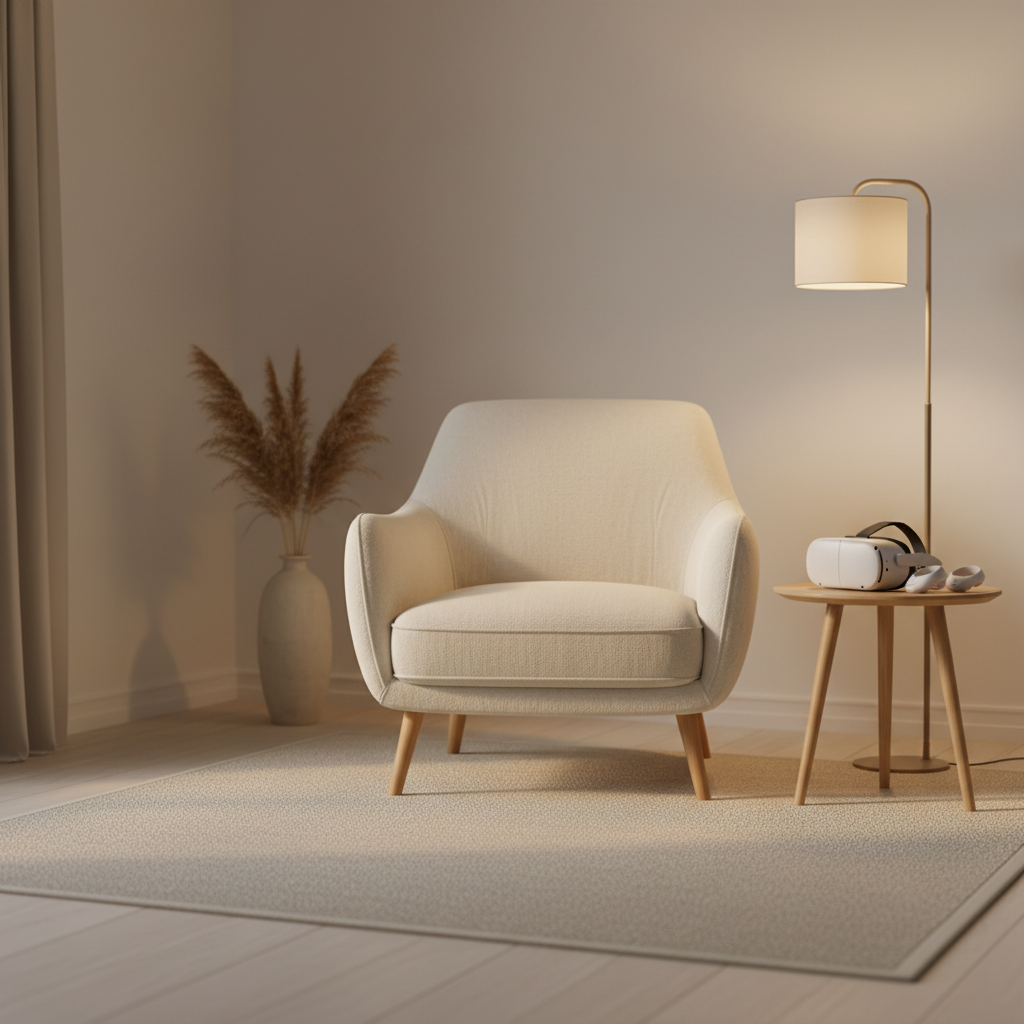 Comfort-focused VR meditation setup with seated space and soft lighting