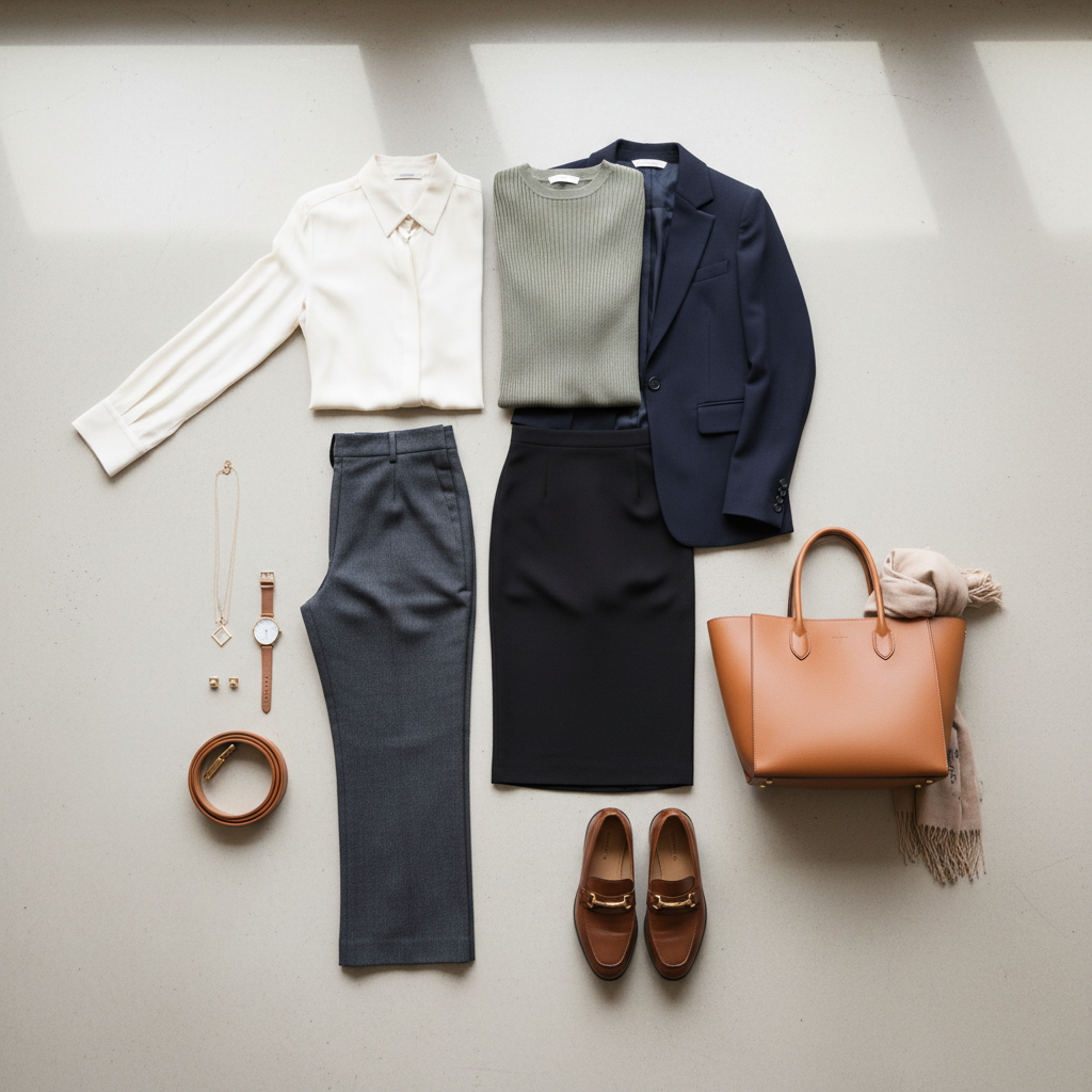 Business casual wardrobe essentials laid out neatly