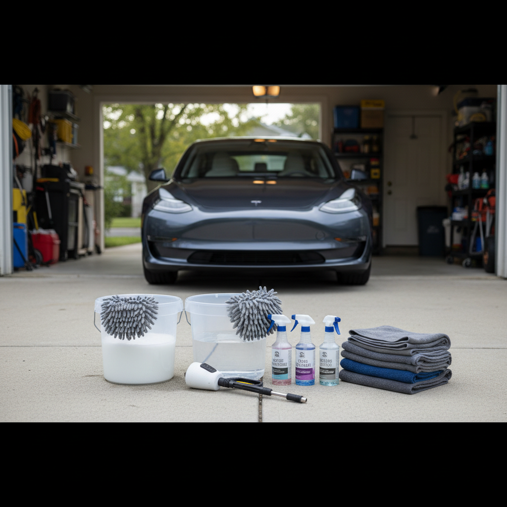 At-home car detailing setup with buckets, mitts, and microfiber towels
