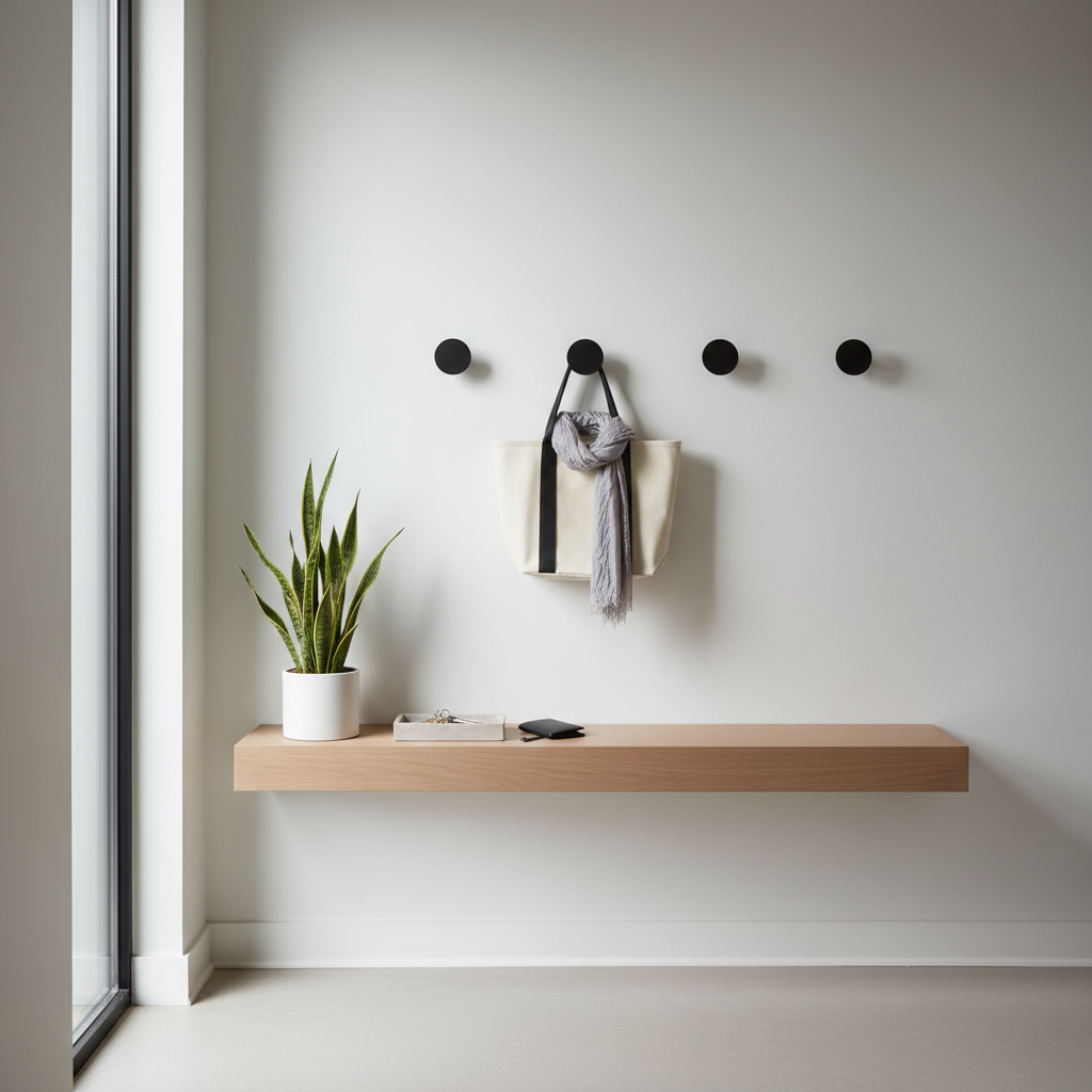 Minimalist apartment entryway with simple hooks and a slim console
