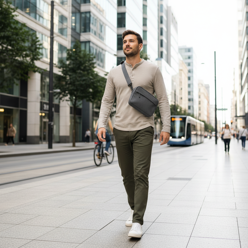 Crossbody bag worn cross-chest with proper strap adjustment on a traveler in a city street